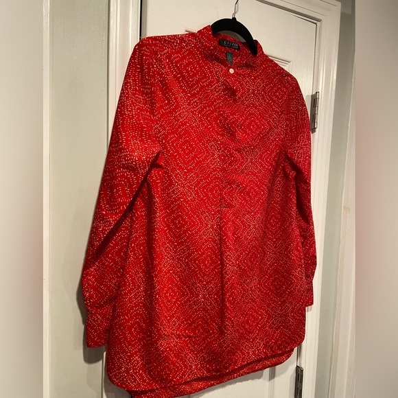LRL Ralph Lauren Red Tan Long Sleeve Button Popover Split Hem Tunic Top Size S - Picture 4 of 13